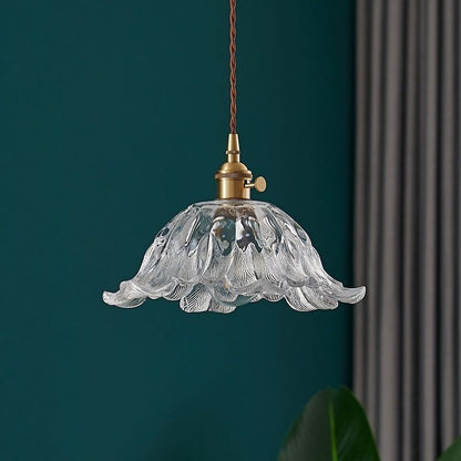 Traditional Vintage Glass & Wood Flower-Shaped 1-Light Pendant Light For Bedroom & Living Room
