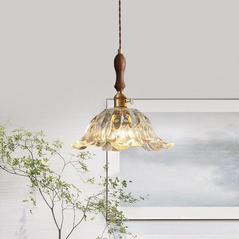 Traditional Vintage Glass & Wood Flower-Shaped 1-Light Pendant Light For Bedroom & Living Room