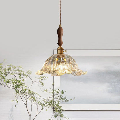 Traditional Vintage Glass & Wood Flower-Shaped 1-Light Pendant Light For Bedroom & Living Room