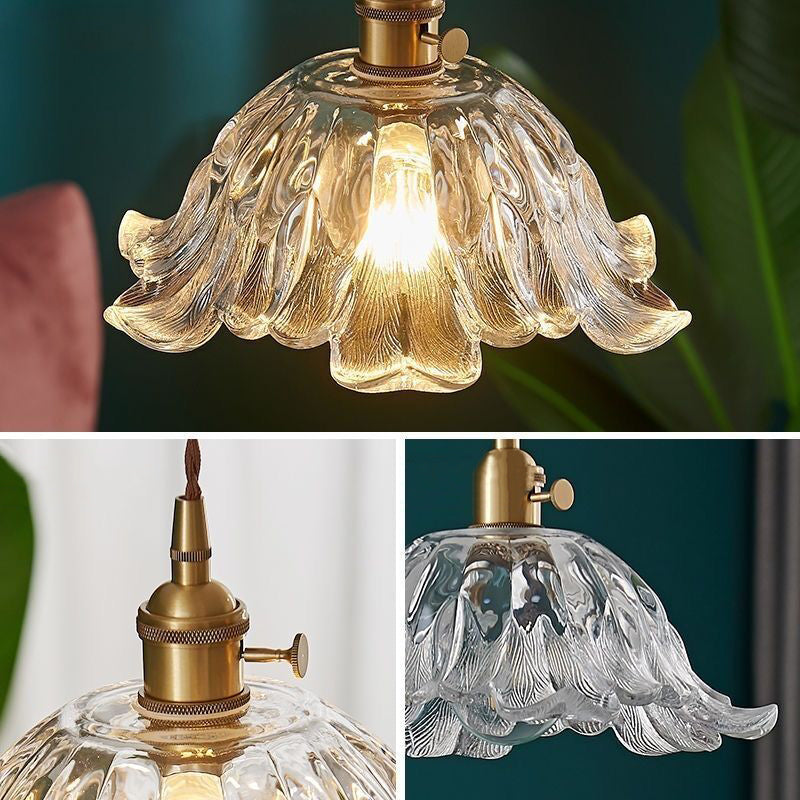 Traditional Vintage Glass & Wood Flower-Shaped 1-Light Pendant Light For Bedroom & Living Room