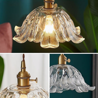 Traditional Vintage Glass & Wood Flower-Shaped 1-Light Pendant Light For Bedroom & Living Room