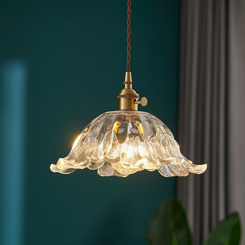 Traditional Vintage Glass & Wood Flower-Shaped 1-Light Pendant Light For Bedroom & Living Room