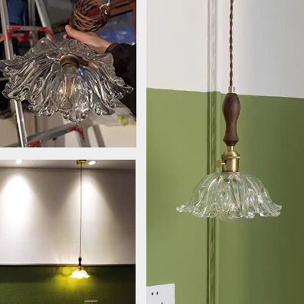 Traditional Vintage Glass & Wood Flower-Shaped 1-Light Pendant Light For Bedroom & Living Room