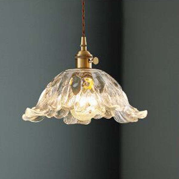 Traditional Vintage Glass & Wood Flower-Shaped 1-Light Pendant Light For Bedroom & Living Room