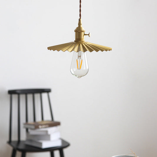 Traditional Vintage Brass Pleated Round 1-Light Pendant Light For Bedroom & Living Room