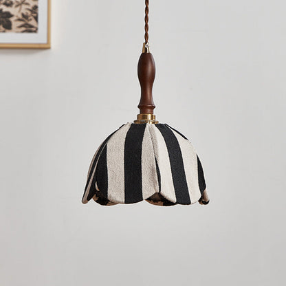 Modern Mid-Century Fabric & Wood Wavy Dome 1-Light Pendant Light For Bedroom & Living Room