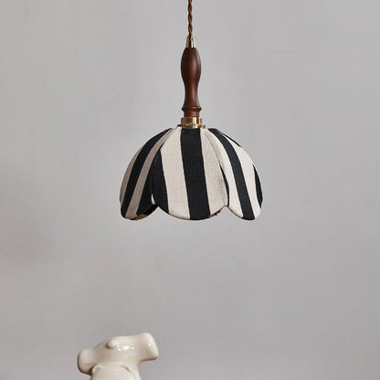 Modern Mid-Century Fabric & Wood Wavy Dome 1-Light Pendant Light For Bedroom & Living Room
