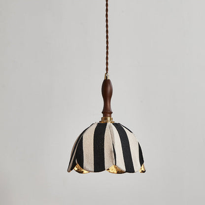 Modern Mid-Century Fabric & Wood Wavy Dome 1-Light Pendant Light For Bedroom & Living Room