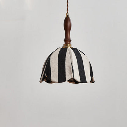 Modern Mid-Century Fabric & Wood Wavy Dome 1-Light Pendant Light For Bedroom & Living Room