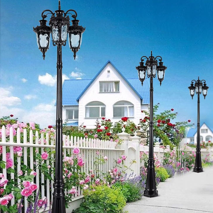 Traditional European Aluminum Water Glass Post Lamp 3-Light Outdoor Light For Garden