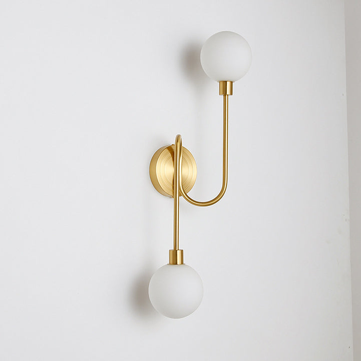Modern Luxury Brass Curved Rod Globe Glass Shade 2-Light Wall Sconce Lamp For Bedroom & Living Room