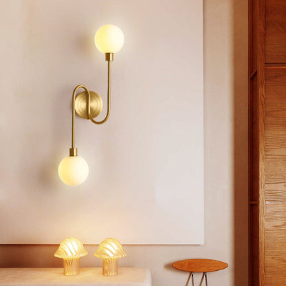 Modern Luxury Brass Curved Rod Globe Glass Shade 2-Light Wall Sconce Lamp For Bedroom & Living Room