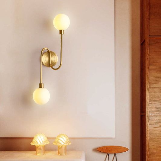 Modern Luxury Brass Curved Rod Globe Glass Shade 2-Light Wall Sconce Lamp For Bedroom & Living Room