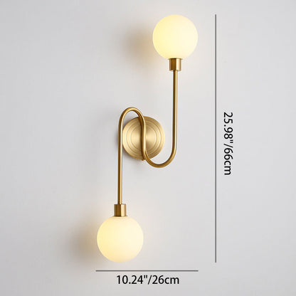 Modern Luxury Brass Curved Rod Globe Glass Shade 2-Light Wall Sconce Lamp For Bedroom & Living Room