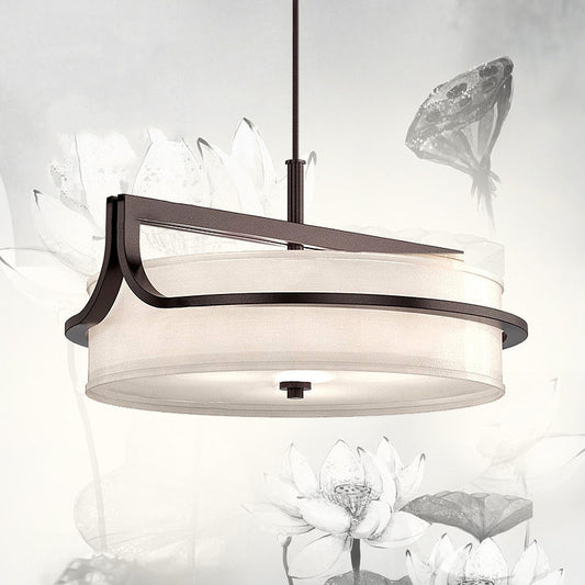 Traditional Chinese Iron & Fabric Round 3-Light Pendant Light For Living Room & Dining Room