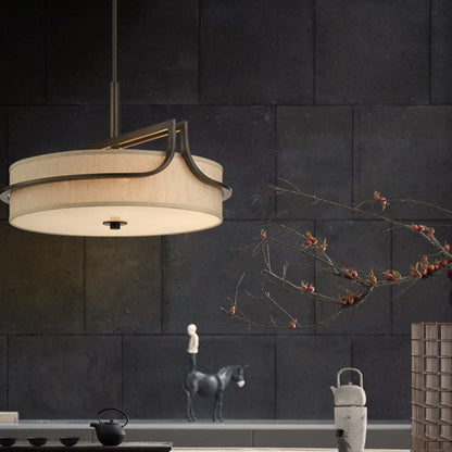 Traditional Chinese Iron & Fabric Round 3-Light Pendant Light For Living Room & Dining Room
