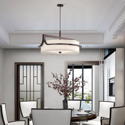 Traditional Chinese Iron & Fabric Round 3-Light Pendant Light For Living Room & Dining Room