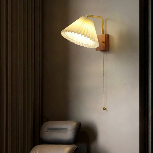 Traditional Vintage Brass & Walnut Pleated Fabric Ceramic Shade 1-Light Wall Sconce Lamp For Bedroom & Living Room