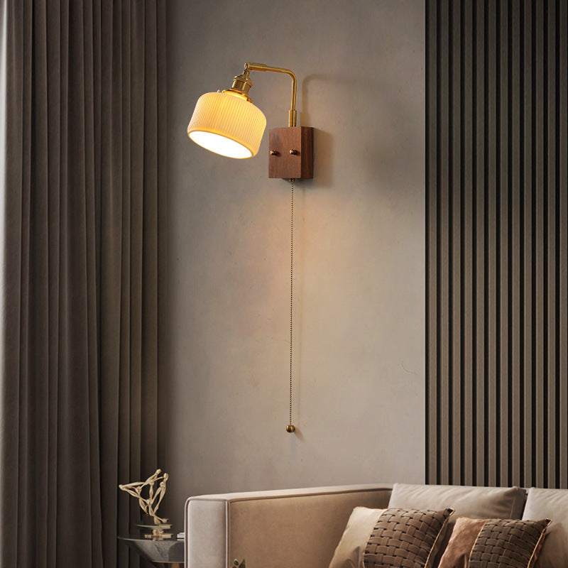 Traditional Vintage Brass & Walnut Pleated Fabric Ceramic Shade 1-Light Wall Sconce Lamp For Bedroom & Living Room