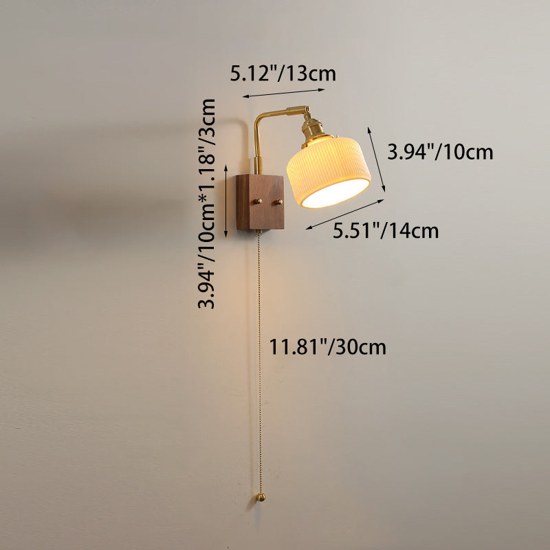 Traditional Vintage Brass & Walnut Pleated Fabric Ceramic Shade 1-Light Wall Sconce Lamp For Bedroom & Living Room