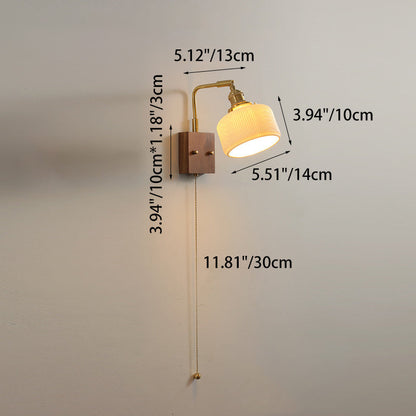 Traditional Vintage Brass & Walnut Pleated Fabric Ceramic Shade 1-Light Wall Sconce Lamp For Bedroom & Living Room