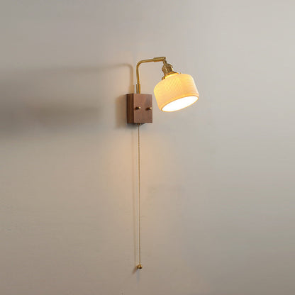 Traditional Vintage Brass & Walnut Pleated Fabric Ceramic Shade 1-Light Wall Sconce Lamp For Bedroom & Living Room