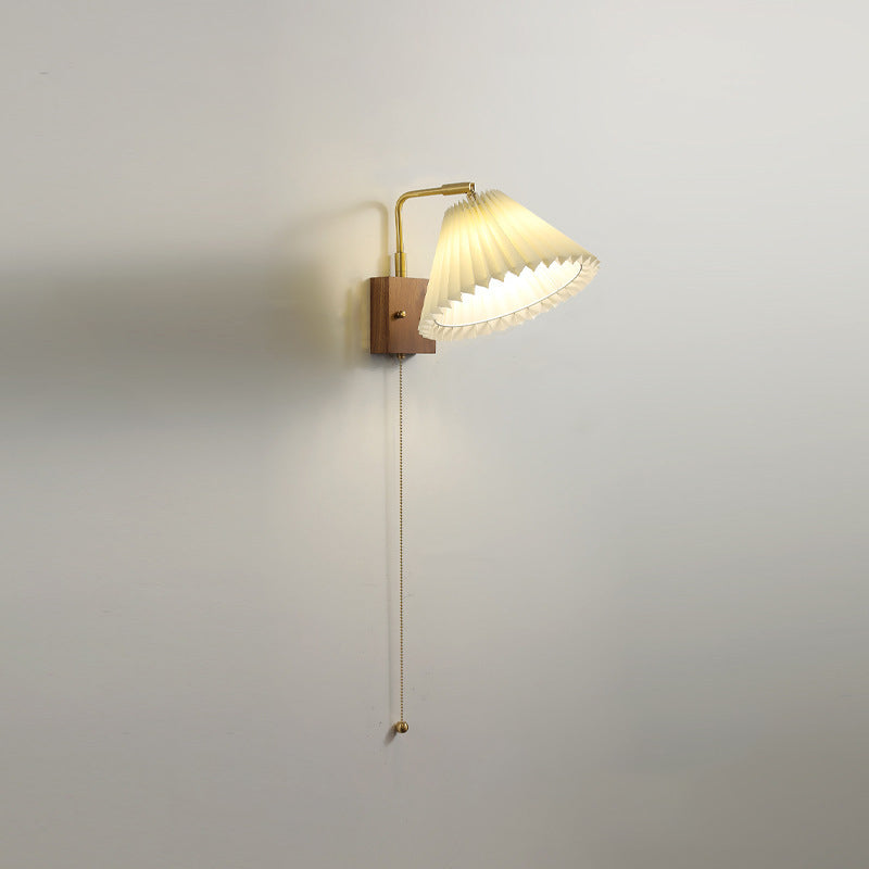 Traditional Vintage Brass & Walnut Pleated Fabric Ceramic Shade 1-Light Wall Sconce Lamp For Bedroom & Living Room