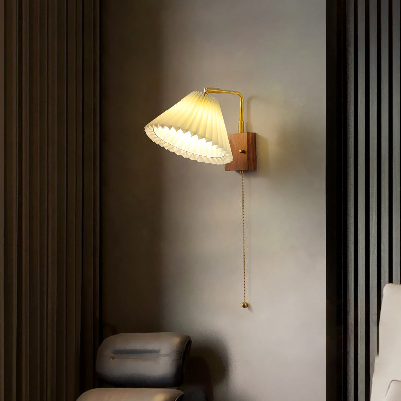 Traditional Vintage Brass & Walnut Pleated Fabric Ceramic Shade 1-Light Wall Sconce Lamp For Bedroom & Living Room