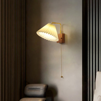 Traditional Vintage Brass & Walnut Pleated Fabric Ceramic Shade 1-Light Wall Sconce Lamp For Bedroom & Living Room