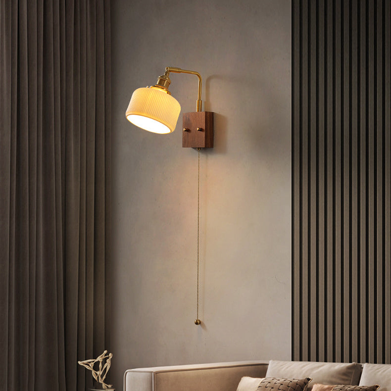 Traditional Vintage Brass & Walnut Pleated Fabric Ceramic Shade 1-Light Wall Sconce Lamp For Bedroom & Living Room