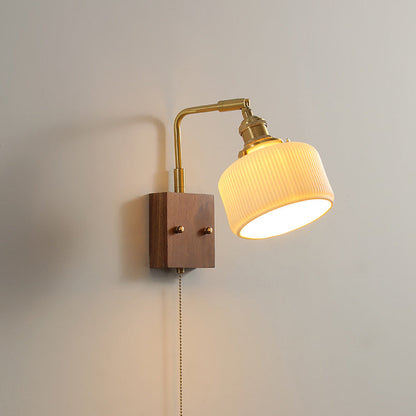 Traditional Vintage Brass & Walnut Pleated Fabric Ceramic Shade 1-Light Wall Sconce Lamp For Bedroom & Living Room
