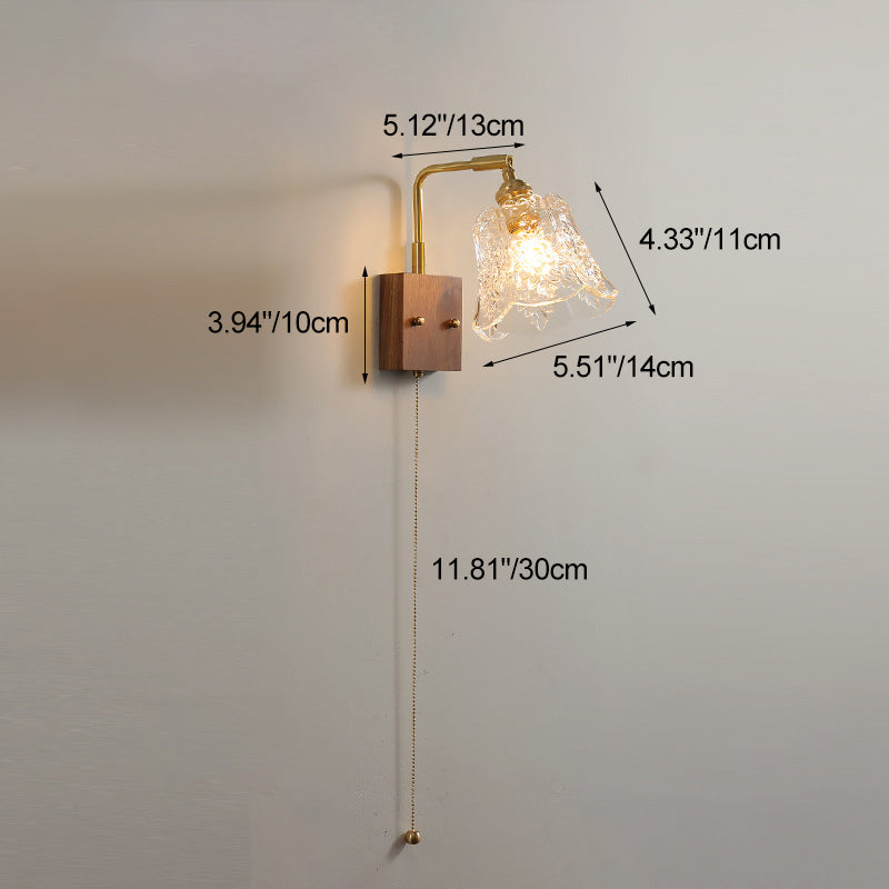 Traditional Vintage Brass & Walnut Rose-Textured Glass 1-Light Wall Sconce Lamp For Bedroom & Living Room