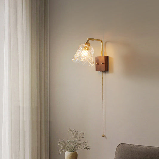 Traditional Vintage Brass & Walnut Rose-Textured Glass 1-Light Wall Sconce Lamp For Bedroom & Living Room