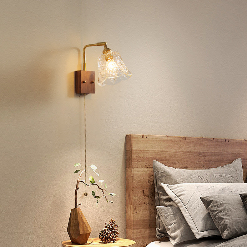 Traditional Vintage Brass & Walnut Rose-Textured Glass 1-Light Wall Sconce Lamp For Bedroom & Living Room