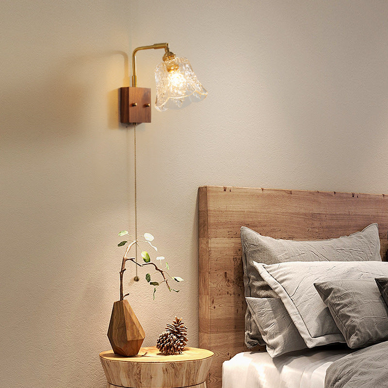 Traditional Vintage Brass & Walnut Rose-Textured Glass 1-Light Wall Sconce Lamp For Bedroom & Living Room