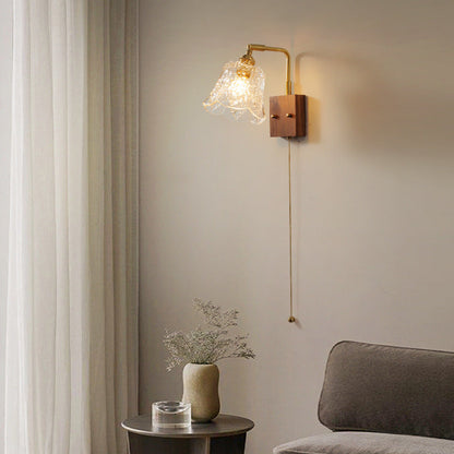 Traditional Vintage Brass & Walnut Rose-Textured Glass 1-Light Wall Sconce Lamp For Bedroom & Living Room