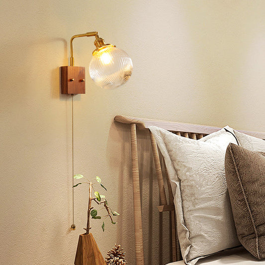Traditional Vintage Brass & Walnut Ribbed Globe Glass 1-Light Wall Sconce Lamp For Bedroom & Living Room