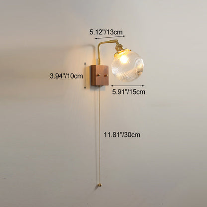 Traditional Vintage Brass & Walnut Ribbed Globe Glass 1-Light Wall Sconce Lamp For Bedroom & Living Room