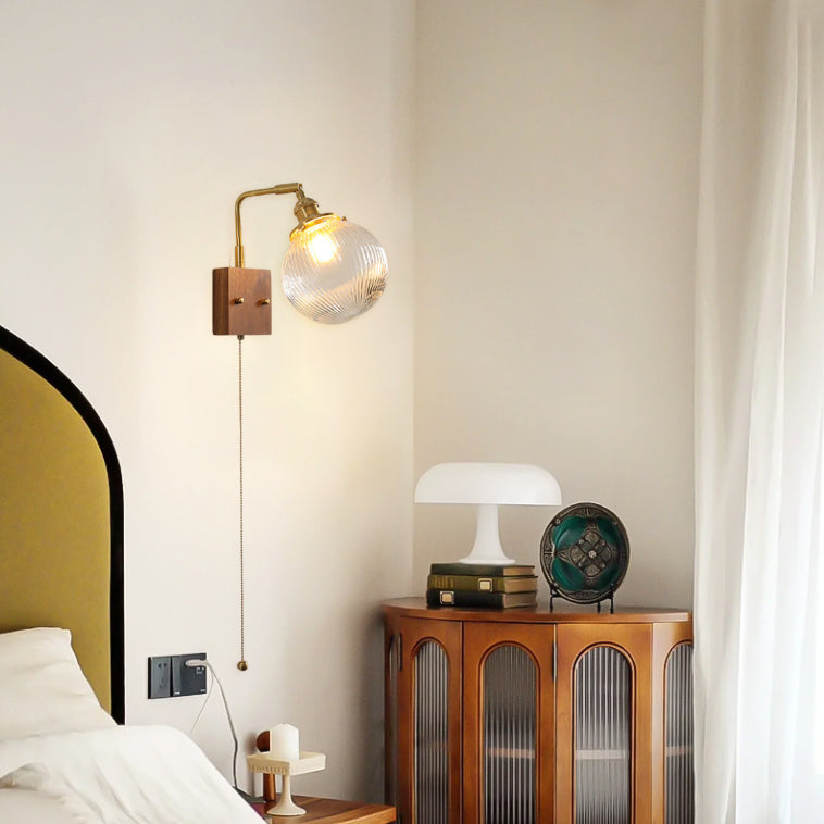 Traditional Vintage Brass & Walnut Ribbed Globe Glass 1-Light Wall Sconce Lamp For Bedroom & Living Room