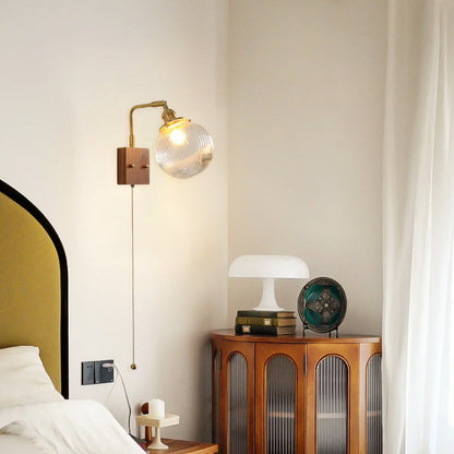 Traditional Vintage Brass & Walnut Ribbed Globe Glass 1-Light Wall Sconce Lamp For Bedroom & Living Room