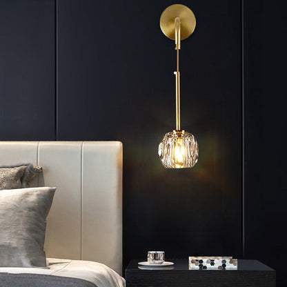Modern Luxury Iron & Crystal Cylindrical 1-Light Wall Sconce Lamp For Bedroom & Living Room