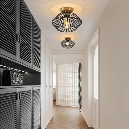 Modern Minimalist Iron Round Wire Cage 1-Light Semi-Flush Mount Ceiling Light For Bedroom And Living Room