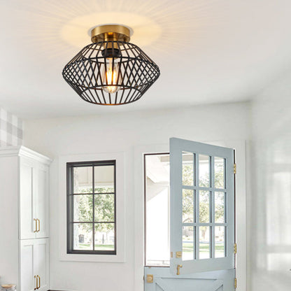 Modern Minimalist Iron Round Wire Cage 1-Light Semi-Flush Mount Ceiling Light For Bedroom And Living Room
