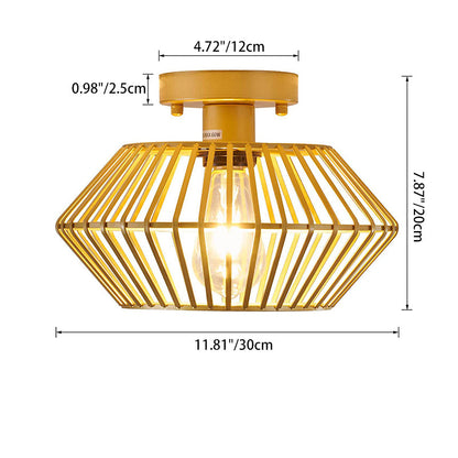 Modern Minimalist Iron Round Wire Cage 1-Light Semi-Flush Mount Ceiling Light For Bedroom And Living Room