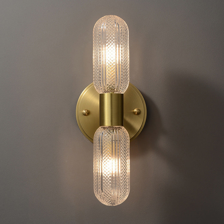Modern Luxury Copper And Glass Cylinder Diamond Texture 2-Light Wall Sconce Lamp For Living Room And Bedroom