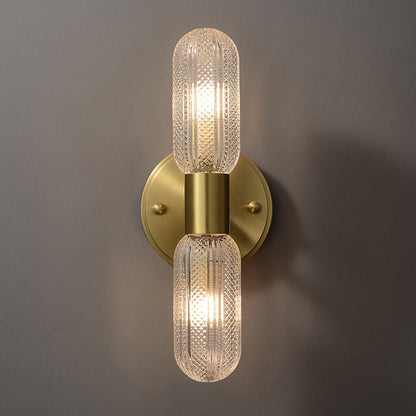Modern Luxury Copper And Glass Cylinder Diamond Texture 2-Light Wall Sconce Lamp For Living Room And Bedroom