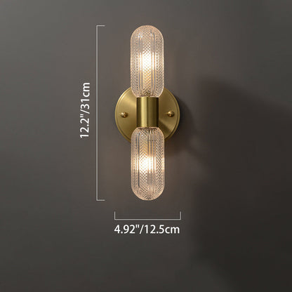 Modern Luxury Copper And Glass Cylinder Diamond Texture 2-Light Wall Sconce Lamp For Living Room And Bedroom