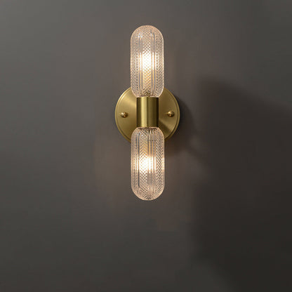 Modern Luxury Copper And Glass Cylinder Diamond Texture 2-Light Wall Sconce Lamp For Living Room And Bedroom