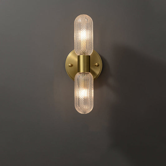 Modern Luxury Copper And Glass Cylinder Diamond Texture 2-Light Wall Sconce Lamp For Living Room And Bedroom