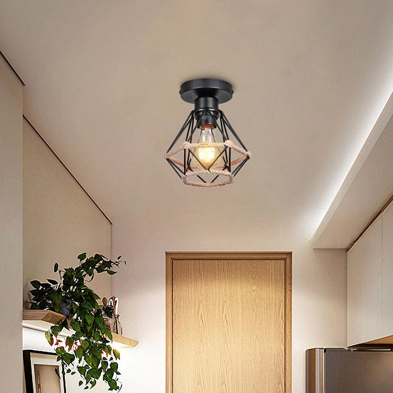 Modern Minimalist Iron Hemp Rope Geometric 1-Light Semi-Flush Mount Ceiling Light For Living Room